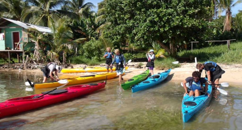 A group of colorful kayaks rest on a sandy shore. People stand around and sit in them. Beyond the sand, there is green grass, trees and a small building. 